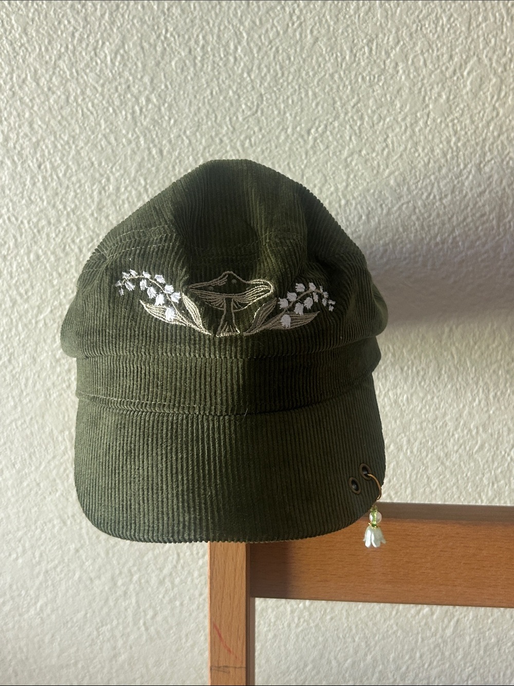 Olive Corduroy Cap with White Bird & Floral Embroidery